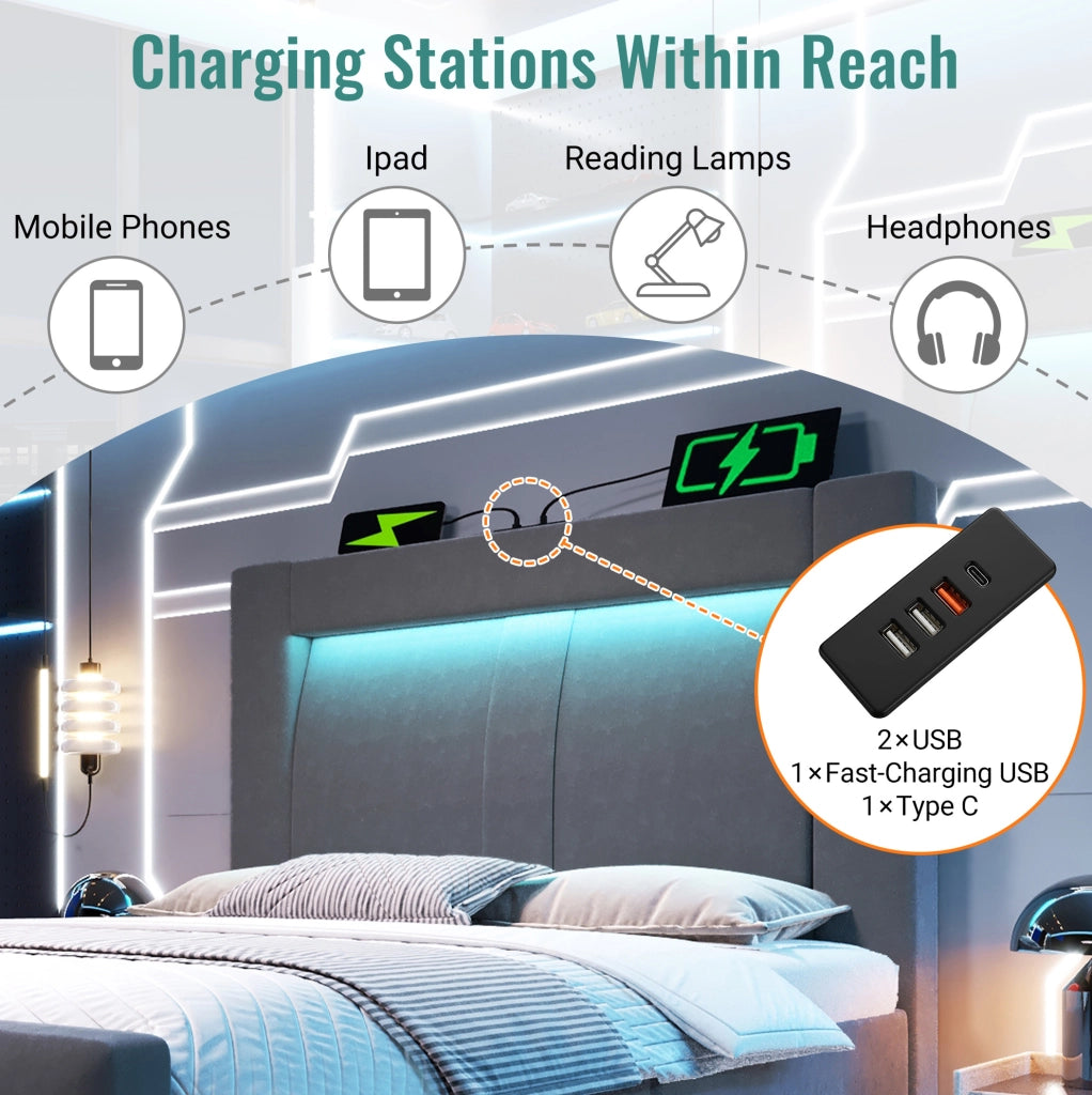 Letto singolo 90x200 cm con contenitore; LED; USB e Type-C; velluto grigio; con materasso