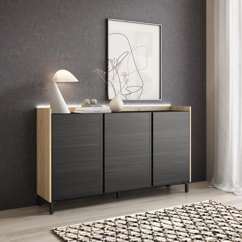 Credenza, Mobile, Cucina, 156x91x35 cm, 3 Porte, Design industriale, LED, Nero e rovere