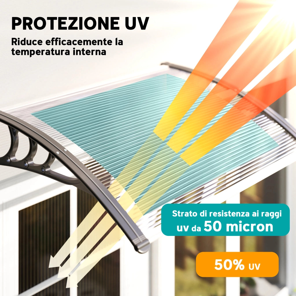 Pensilina da Esterni Impermeabile e Anti-UV, in PC, PP e Alluminio, 75x100x23 cm, Trasparente e Nero