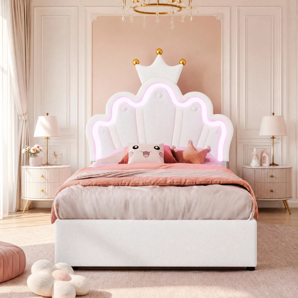 LETTO imbottito 90x200 cm PU bianco con testiera regolabile e 2 cassetti