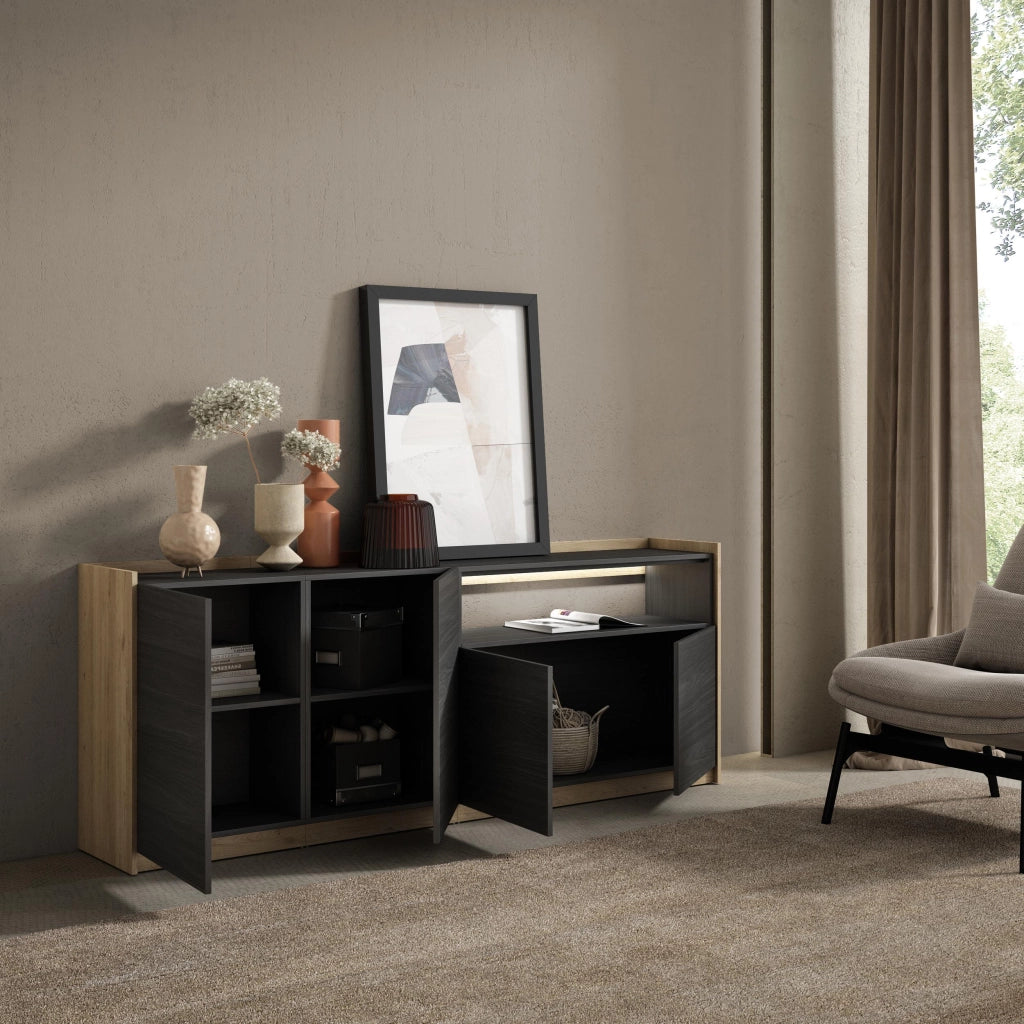 Credenza, Mobile, Cucina, 207x80x37 cm, 4 Porte, LED, Nero e rovere