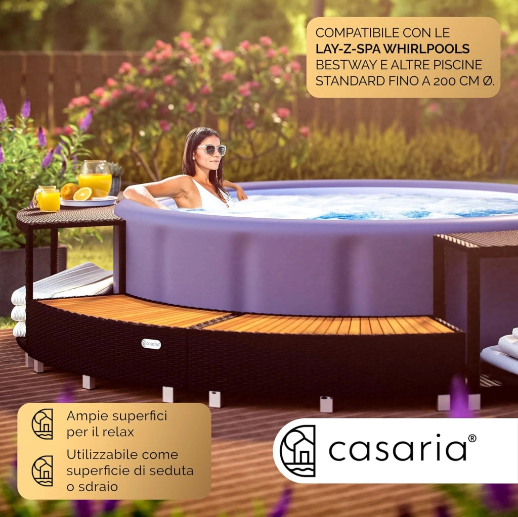 Cornice Whirlpool Vasca Idromassaggio Polyrattan Ø 206 cm Ingresso in Legno Eucalipto Certificato FSC Bordo Piscina Relax