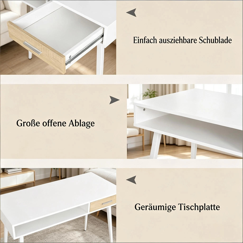 Scrivania lineare con 1 cassetto e vano aperto per ufficio e casa moderna in MDF e metallo bianco 110 × 50 × 75 cm