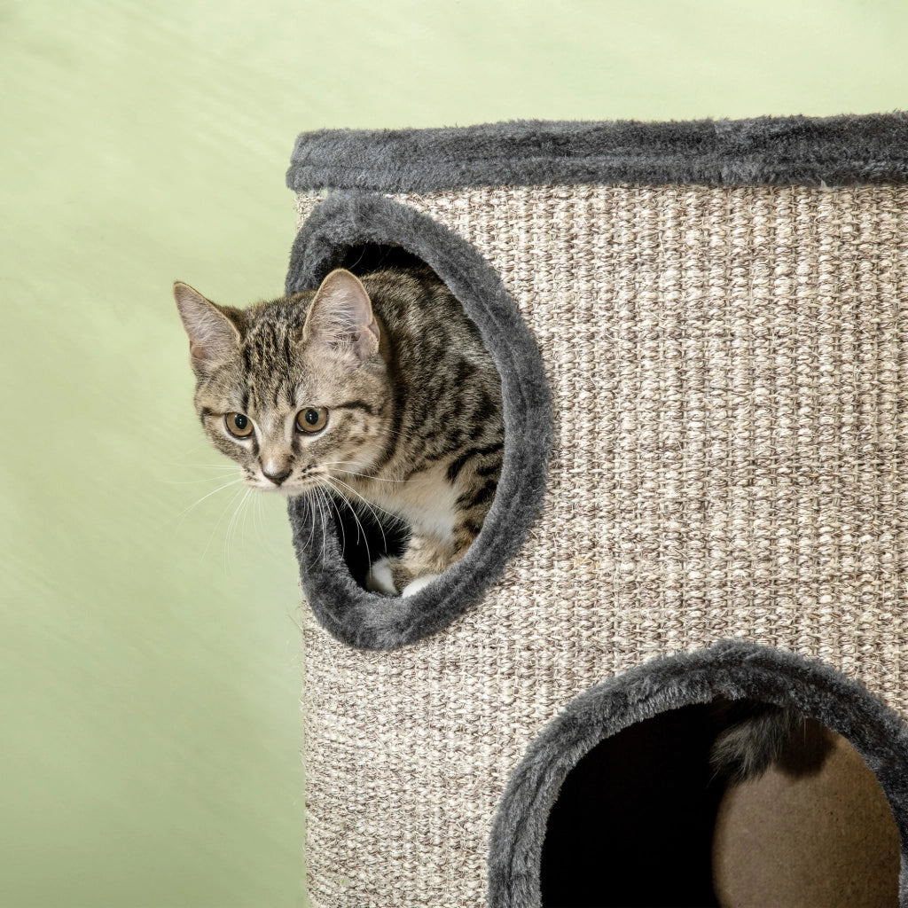 Cuccia per Gatti a 3 Livelli Ø38x70cm con Tiragraffi in Sisal e Peluche Grigio