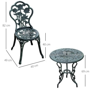 Set da giardino verde antico con tavolo rotondo e due sedie