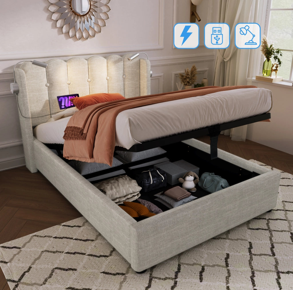 Letto contenitore singolo 90x200 cm con luce da lettura e porta USB; lino naturale