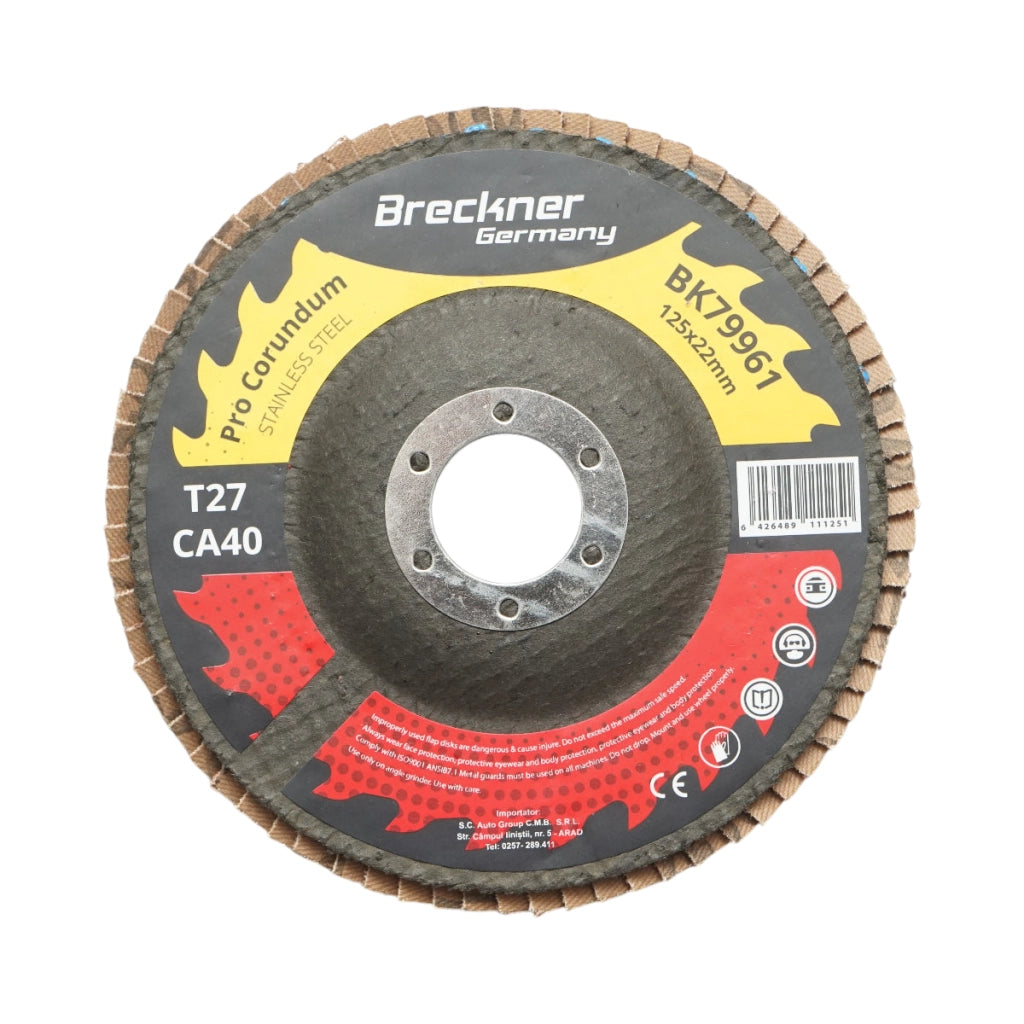 Disco lamellare abrasivo al corindone T27 CA40, 125x22mm per levigatura/lucidatura di acciaio inossidabile e metallo Breckner Germany
