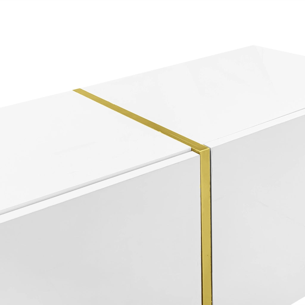 OKWISH Set di 2 Mobili da Soggiorno, Mobile TV e Tavolino con Ante e Cassetti, MDF Bianco Lucido