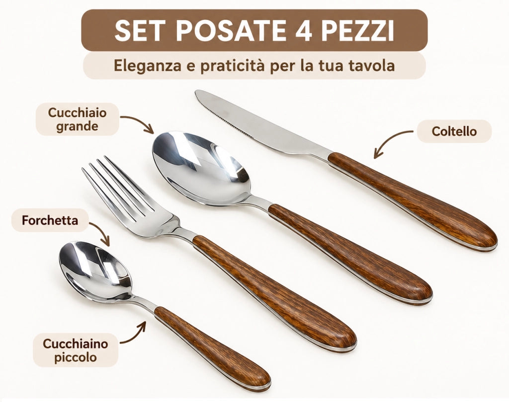 Servizio di Posate da Tavola Manico in Legno Antony Wood 24 Pezzi