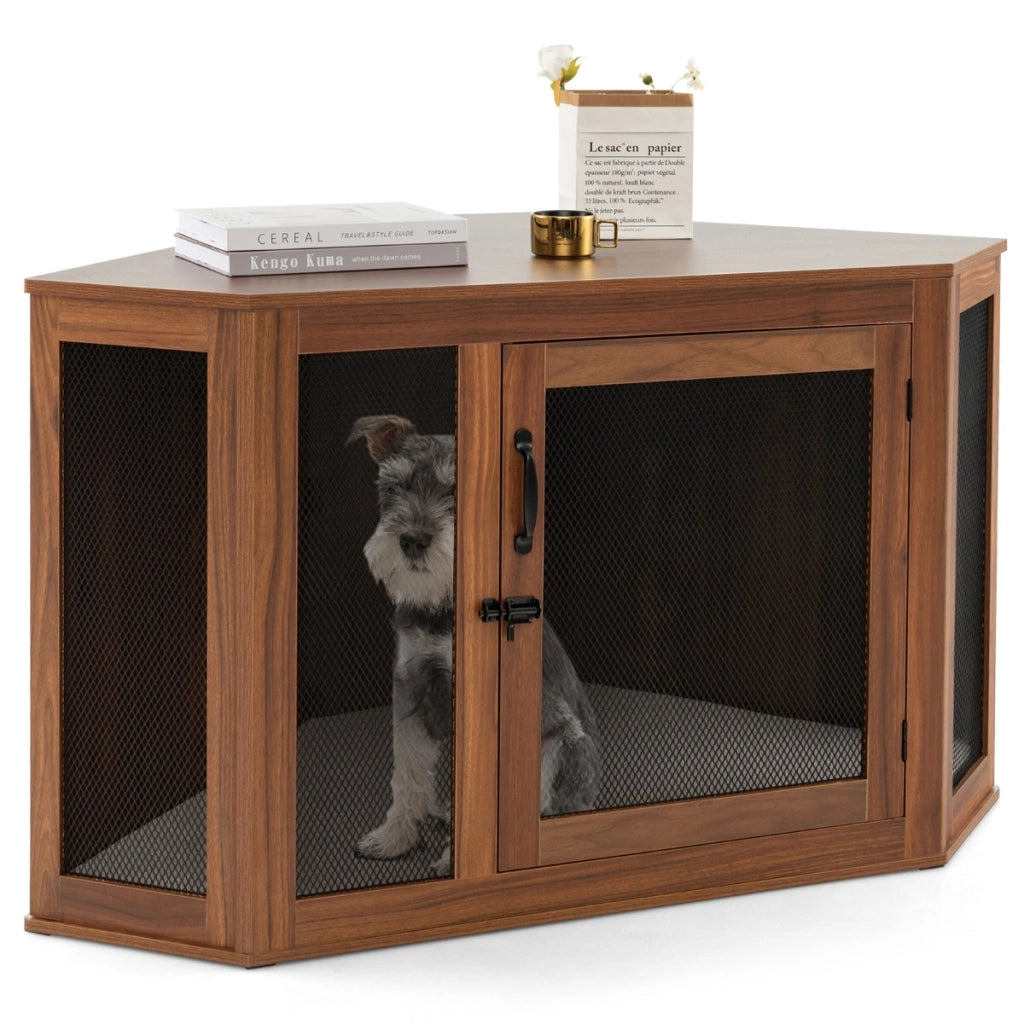 Gabbia per cani con porta a rete cuscino maniglia chiavistello per stanze, Kennel angolare per cani Marrone-Casette e lettini