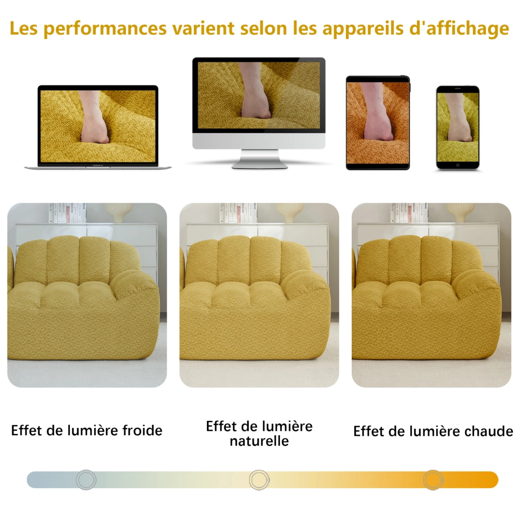 Divano modulare 2 posti senza struttura, design a conchiglia, cuscini profondi, colore giallo