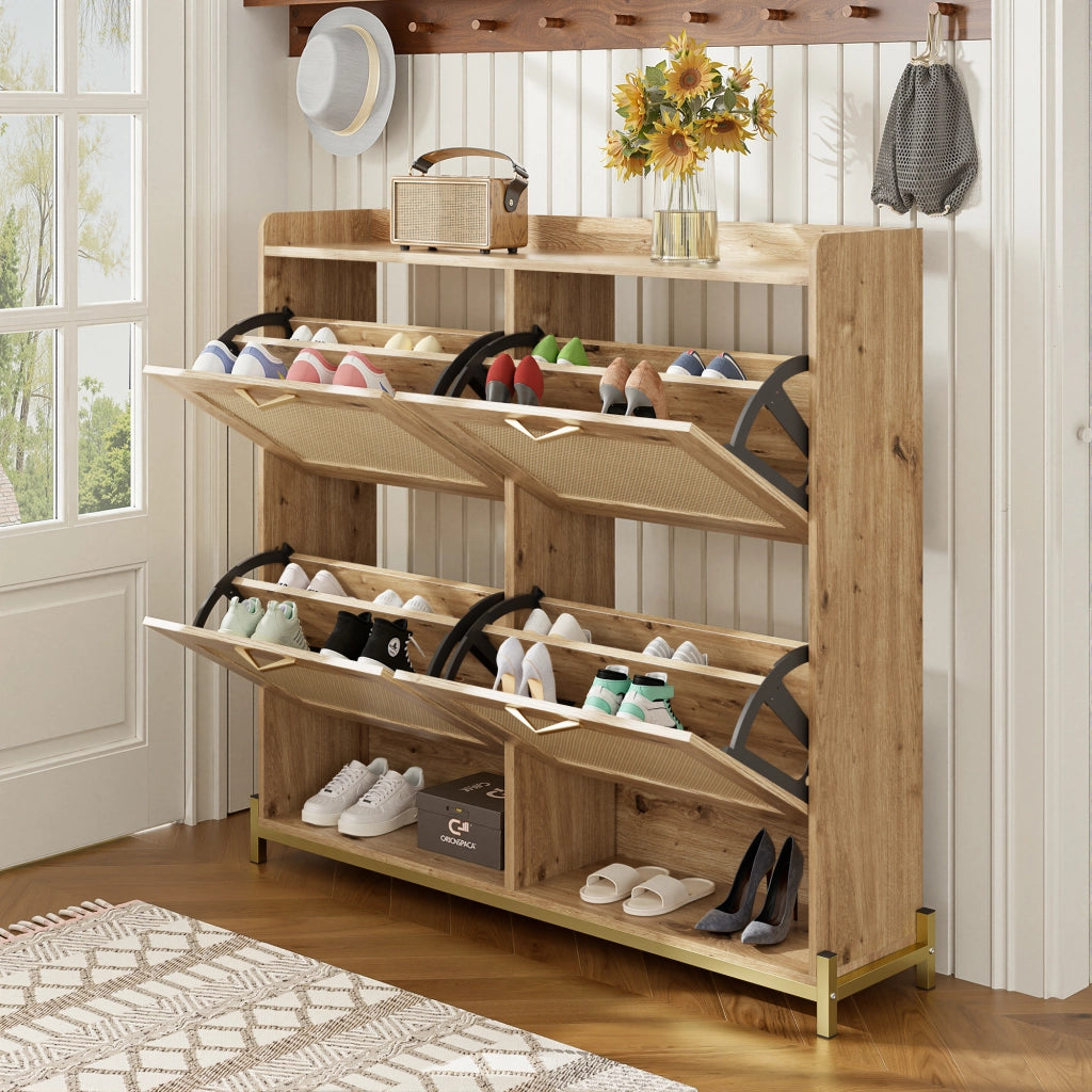 Scarpiera con 4 Ante e Ripiano Superiore; Struttura in Metallo; Stile Naturale; in MDF; Effetto Legno; 108;5×24×100 cm