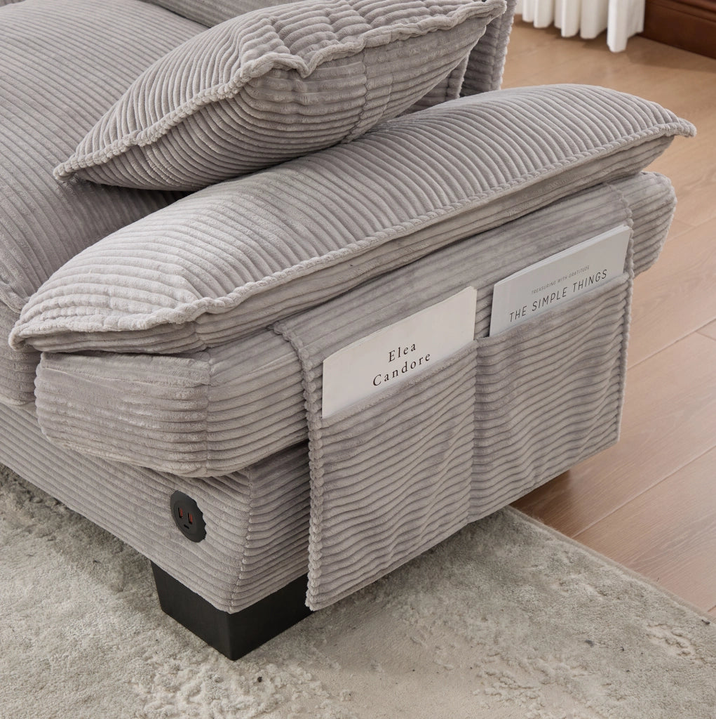 Divano modulare 3 posti con pouf; in tessuto effetto corda grigio chiaro; 260x132x84 cm