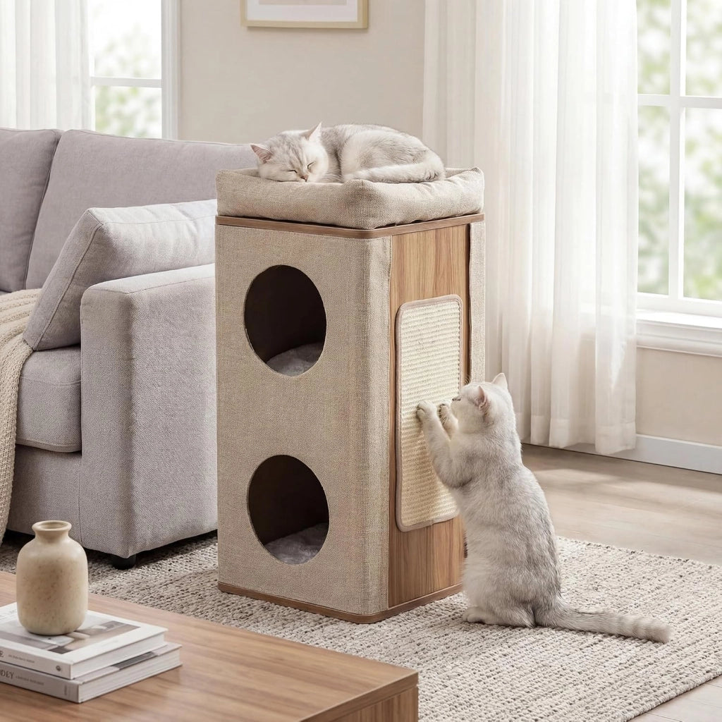 Tiragraffi per Gatti a Torre 77,5 cm, 3 Piani con 2 Grotte, Cuccia Albero per Gatti con Piastra Tiragraffi, Copertura Rimovibile e Cuscino, Tubo Stabile Ø38, Beige e Naturale