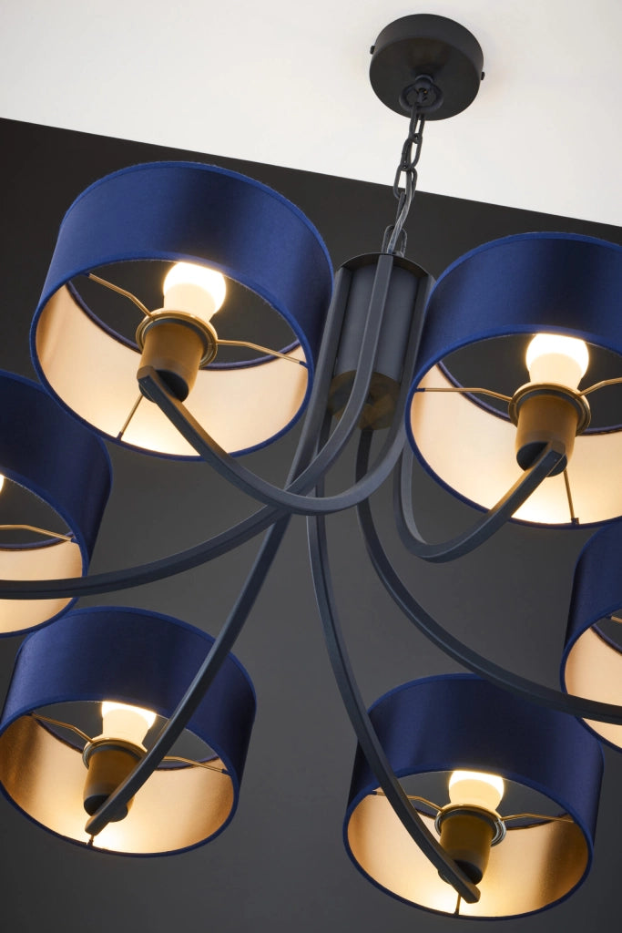 Lampadario nero a catena, paralumi blu 6xE27 ARTHUR Jupiter