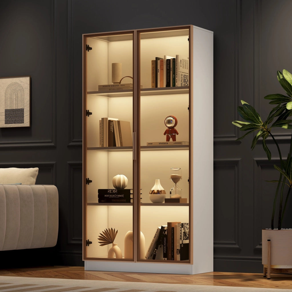 Vetrina da esposizione con LED 80x40x160 cm; bianca in truciolare e vetro marrone