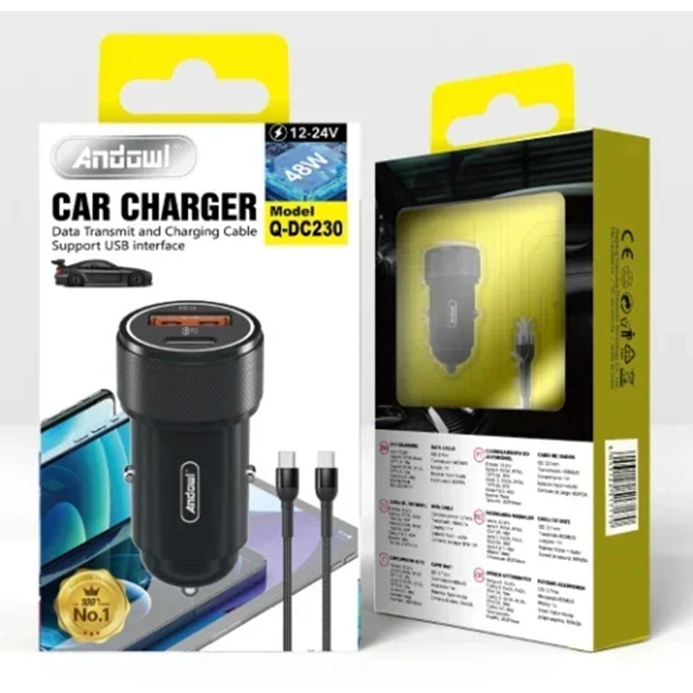 Trade Shop - Caricabatteria Da Auto Con 2 Porte Pd+qc3.0 Cavo 1mt 12v/24v 48w Ricarica Rapida Q-dc230 -