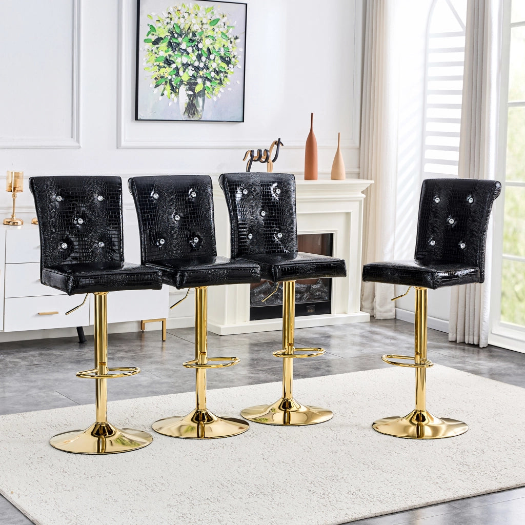 Set di 2 Sgabelli da Bar con Dettagli a Bottone Cristallo; per Cucina e Sala da Pranzo; PVC; Nero