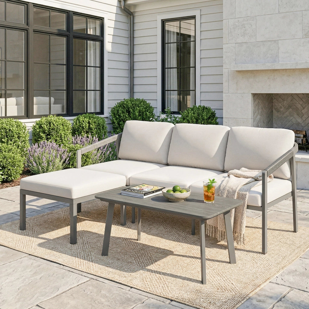 Set Giardino 3 Pezzi con Divano 3 Posti, Poggiapiedi, Tavolino e Cuscini ¨C zephmum ¨C Marrone e Beige