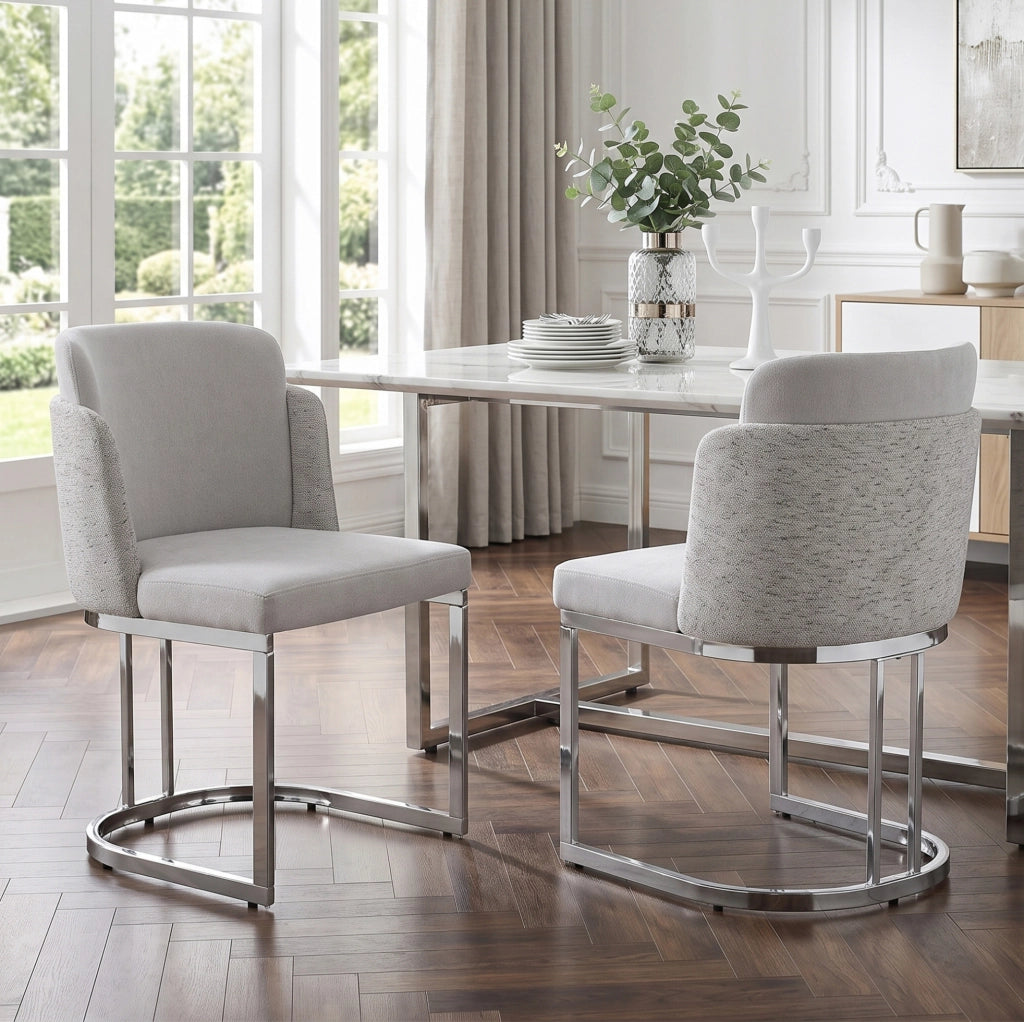 Set di 2 sedie in ciniglia con schienale doppio e gambe in metallo galvanizzato; grigio e argento