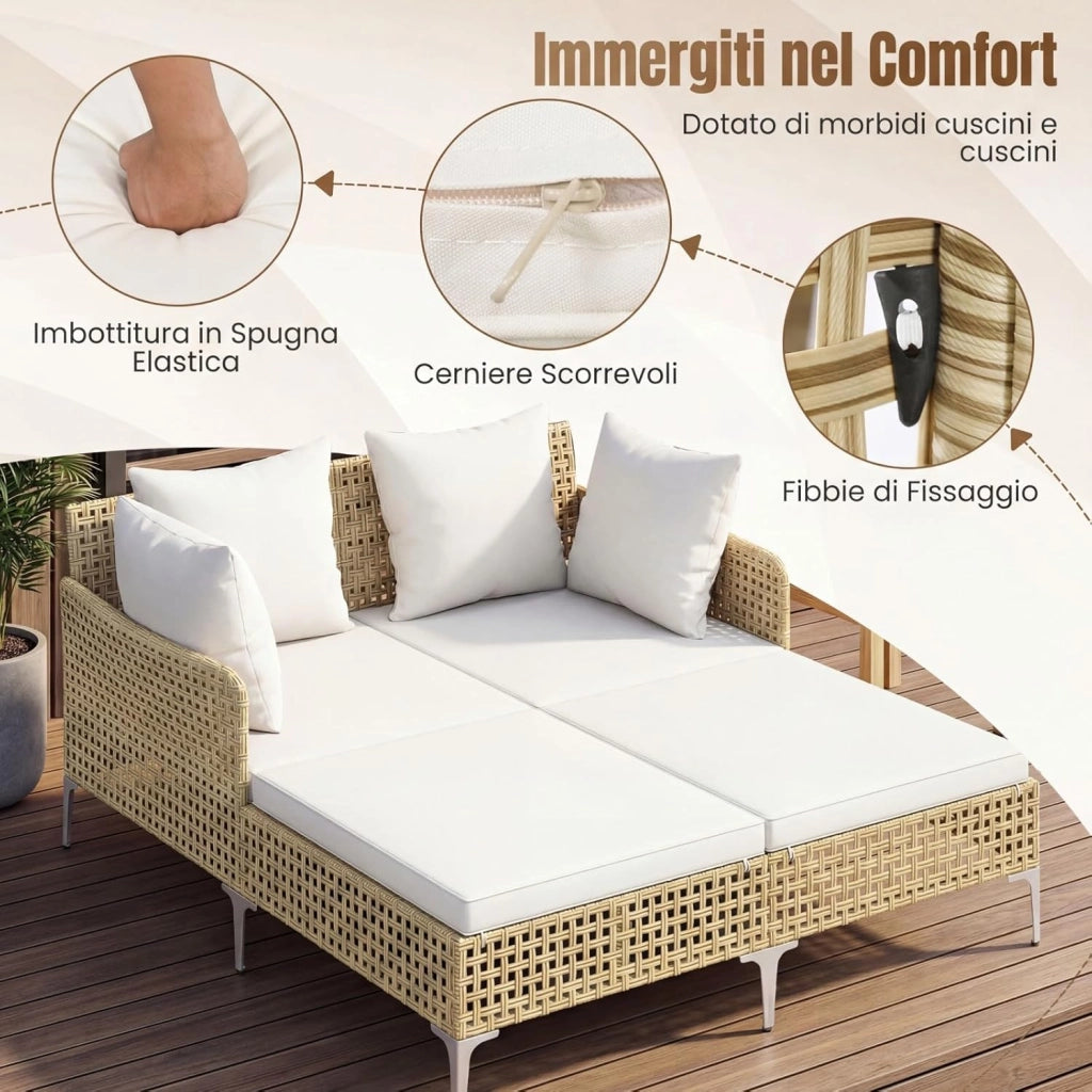 Lettino Prendisole per 2 Persone da Giardino, Divano Letto Matrimoniale da Esterno con Cuscini per Seduta e Schienale, Isola Prendisole per Cortile e Terrazza, 153 x 133 x 70 cm