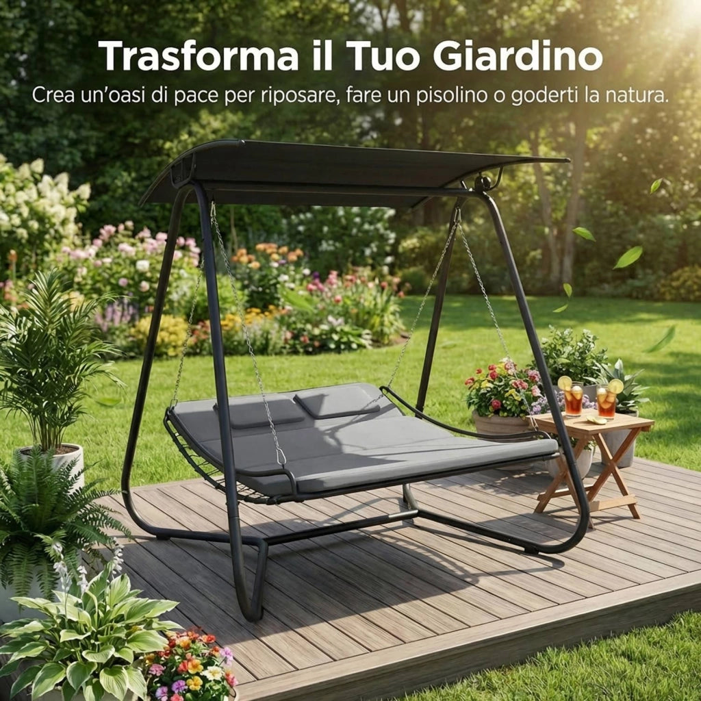 Dondolo Amaca Letto 2 Posti da Giardino con Tetto Parasole Struttura in Acciaio e Seduta Imbottita in Textilene per Terr