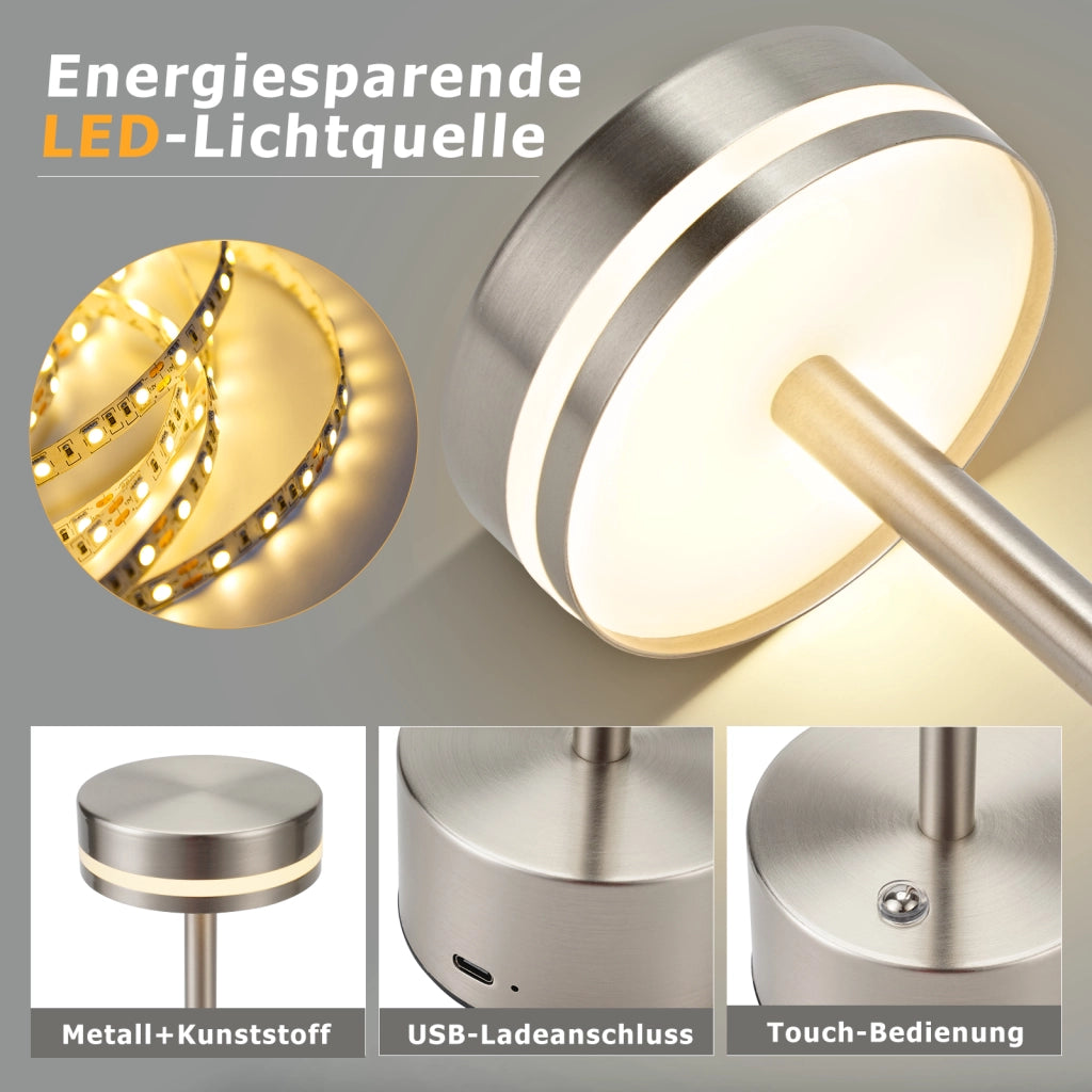 ZMH Lampada da tavolo LED argento wireless batteria touch dimmerabile H32cm per comodino camera letto