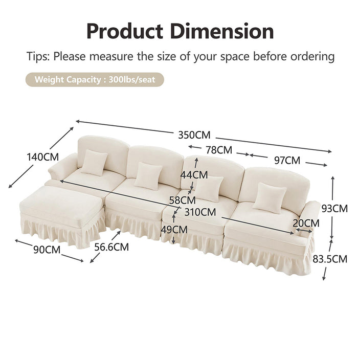 Divano modulare a L - Xylo - 4 posti, chenille, stile classico, bianco