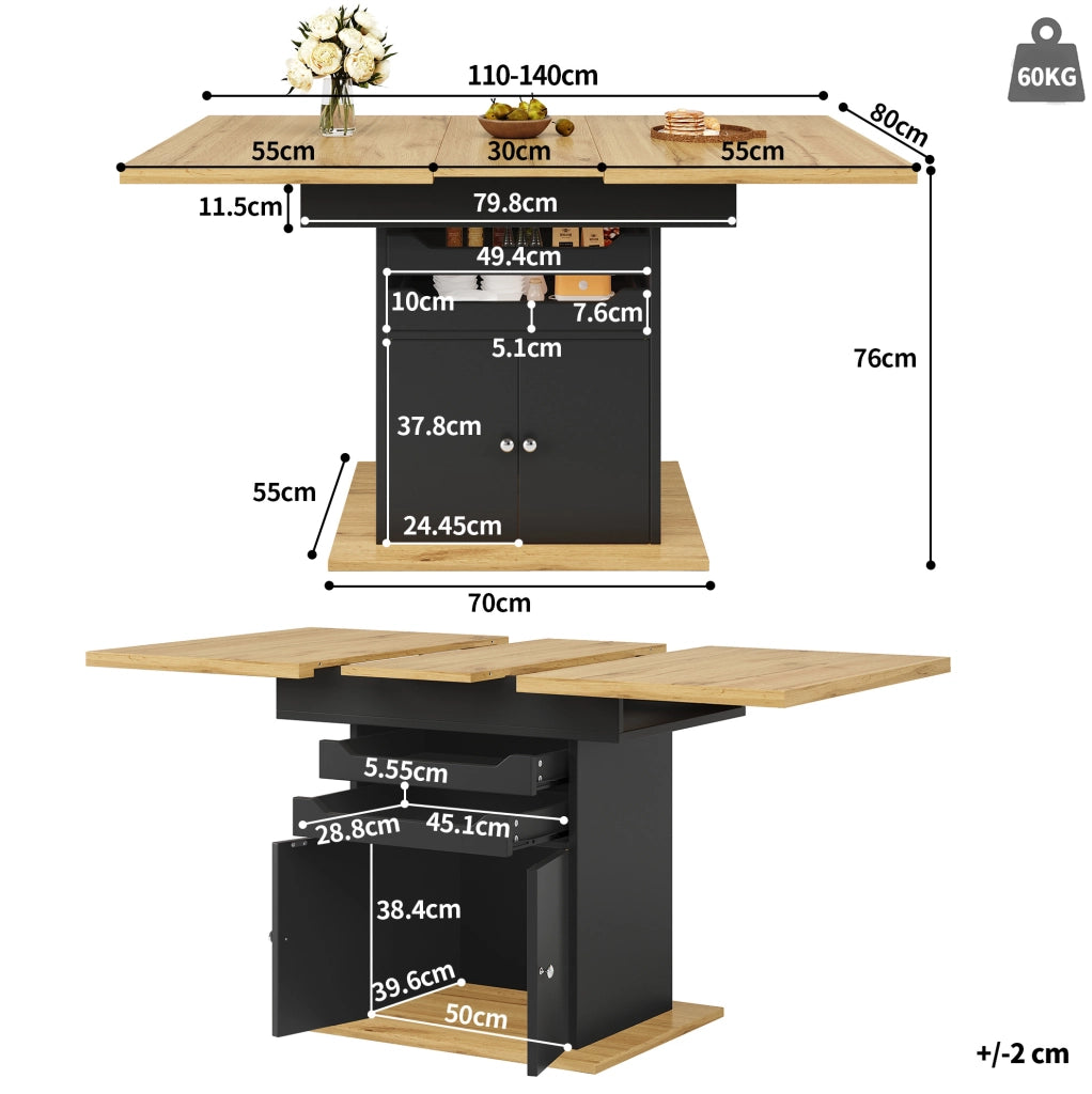 Tavolo da pranzo allungabile 110-140x80 cm con contenitore, nero
