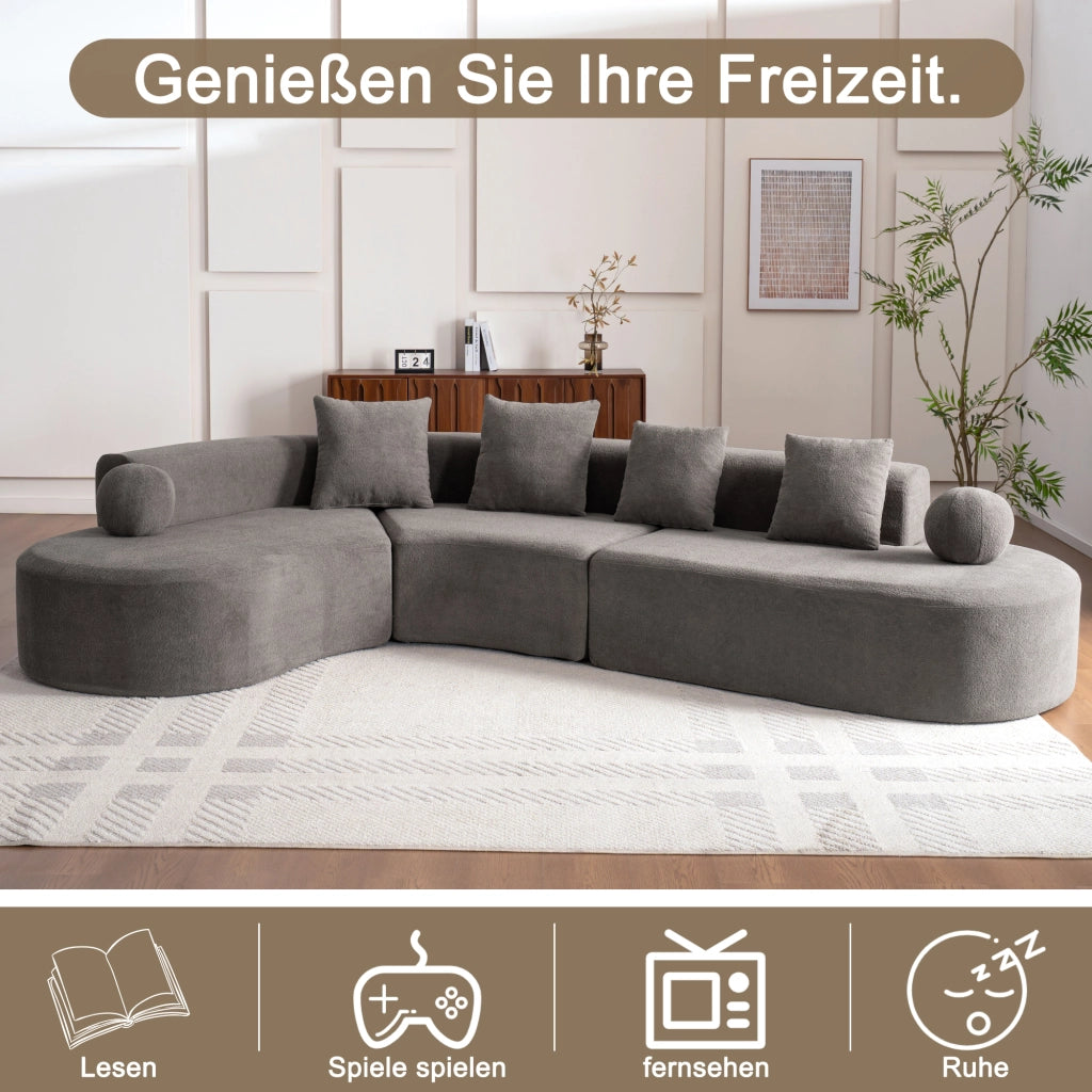 Divano angolare a L senza montaggio con seduta profonda per grandi famiglie in ciniglia grigia 327 × 215 × 65 cm