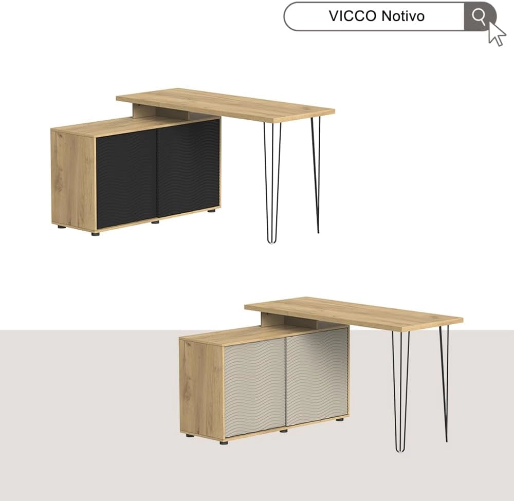 Scrivania angolare Notivo, Nero, 135 x 55 cm con schedario, adatto per ufficio domestico e studio