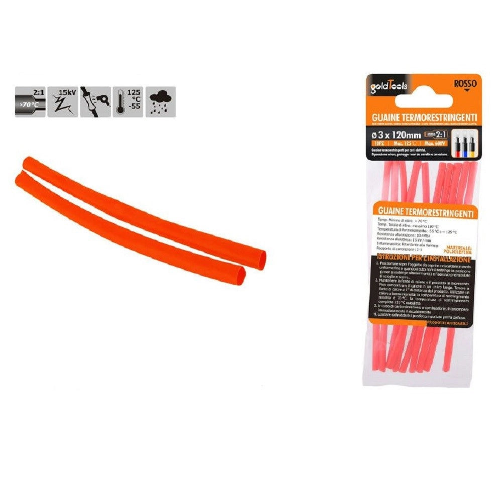 Trade Shop - Set 10 Pz Guaine Termorestringenti Termoretrattili Rosse 3x120 Mm Per Cavi 57082 -