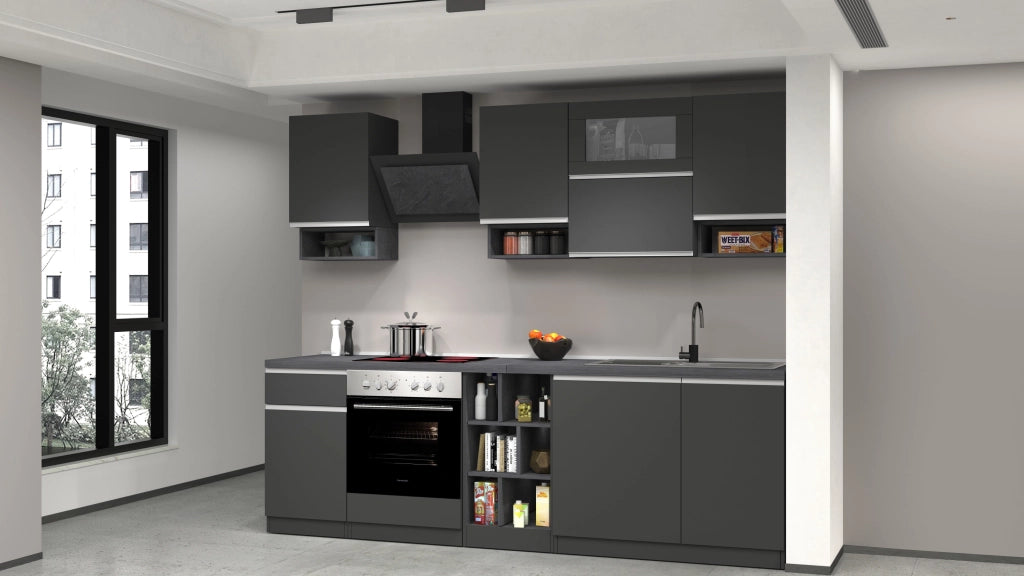 Cucina Lineare SOLE 256 cm - Antracite/Report e Legno Chiaro, Made in Italy
