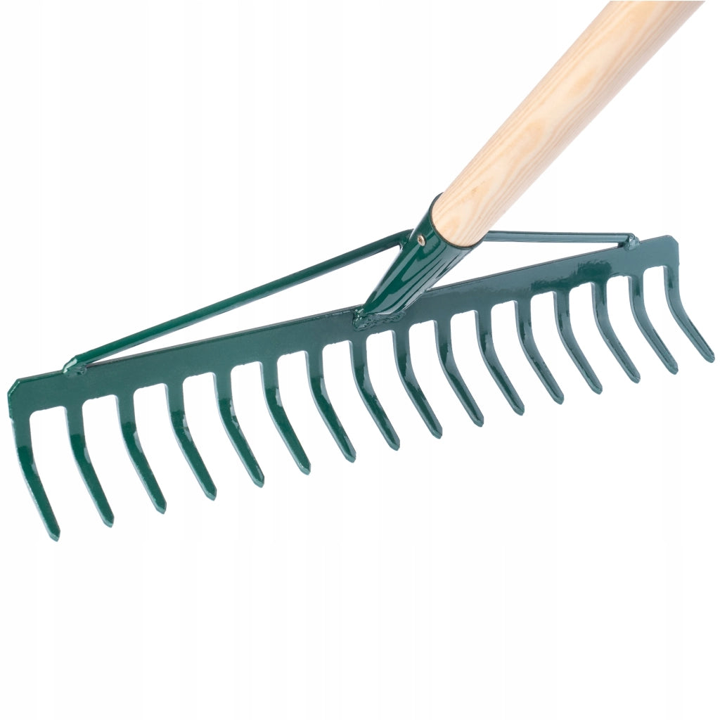 Rastrello per foglie KADAX, per giardino ed erba, con manico in legno, 137 cm, rastrello solido a 16 denti.