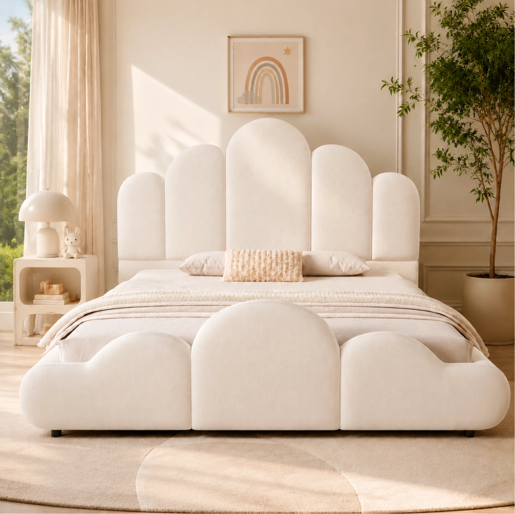 Letto imbottito per bambini 140x200 cm in velluto beige; design a nuvola con angoli arrotondati