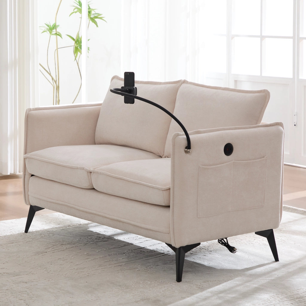 OKWISH Divano Lineare 2 Posti con Supporto Regolabile per Telefono e Tasche Laterali, Ciniglia Beige, 127 × 69 × 66 cm