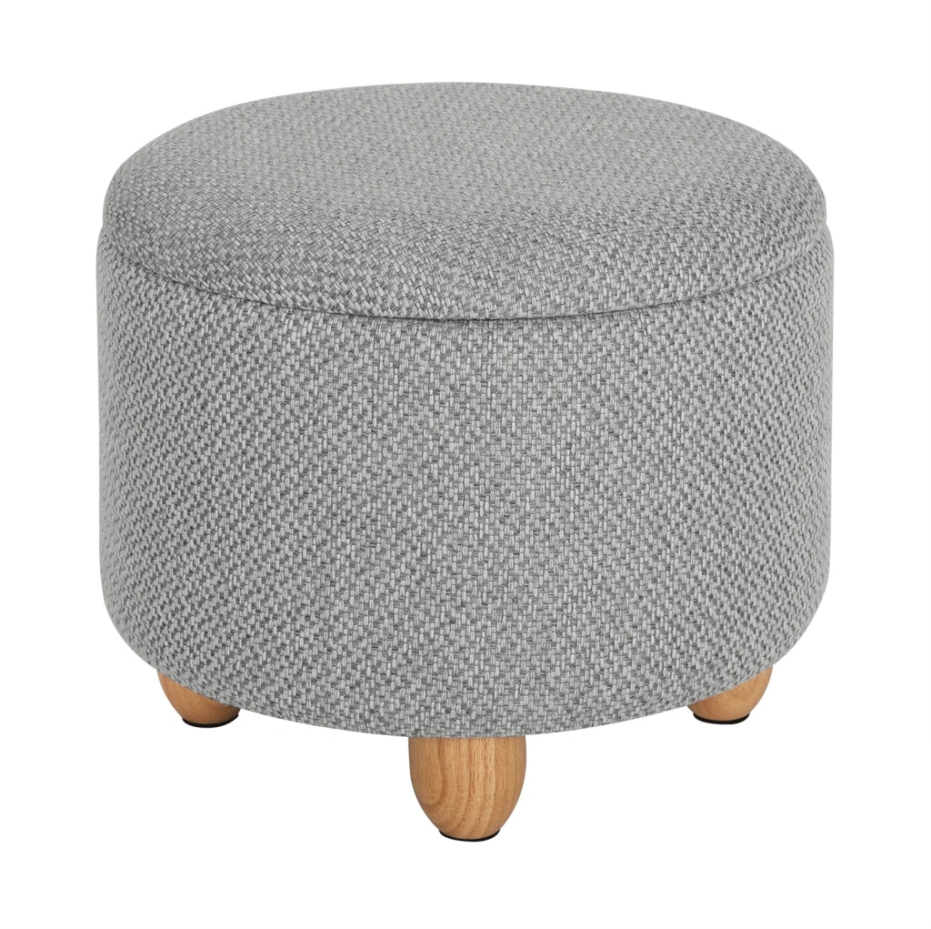 Pouf contenitore rotondo con vassoio; 39x33 cm; lino grezzo e MDF; grigio chiaro