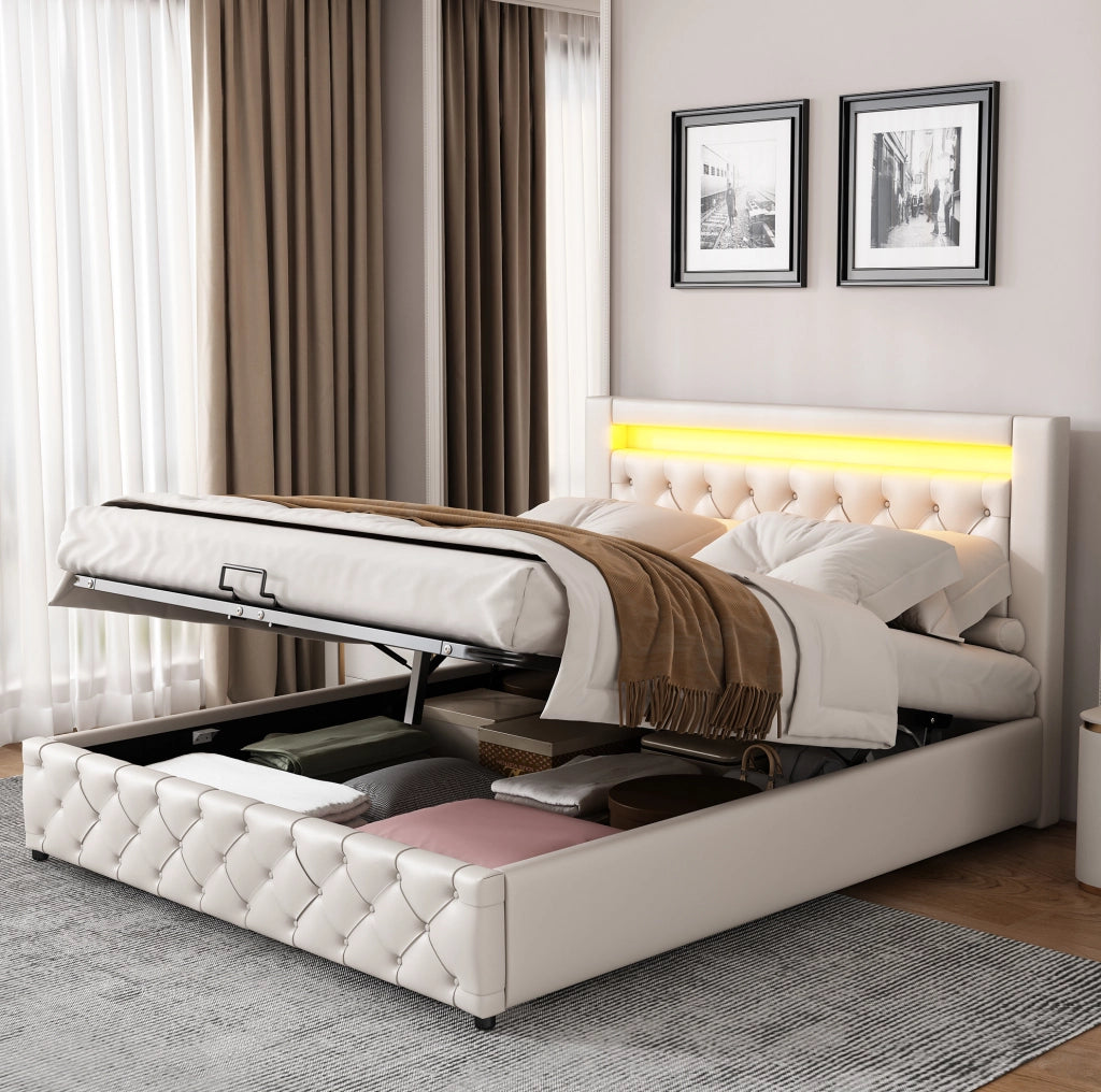 Letto matrimoniale imbottito 140x190 cm con contenitore; rete a doghe; LED; PU bianco