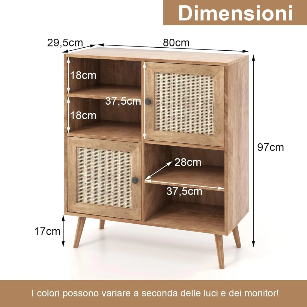 Credenza con 2 Ante in Rattan Naturale, Mobiletto Multiuso in Stile Boho con 4 Scomparti Aperti, Mobile da Cucina, Sala da Pranzo e Soggiorno, Naturale, 80 x 29,5 x 97 cm