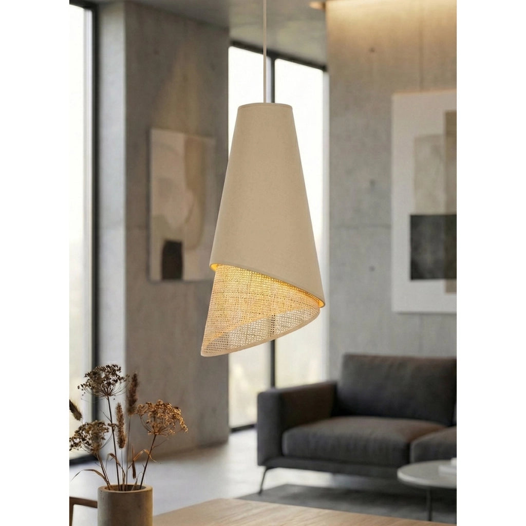 Lampada a sospensione MODA in acciaio e tessuto effetto rattan
