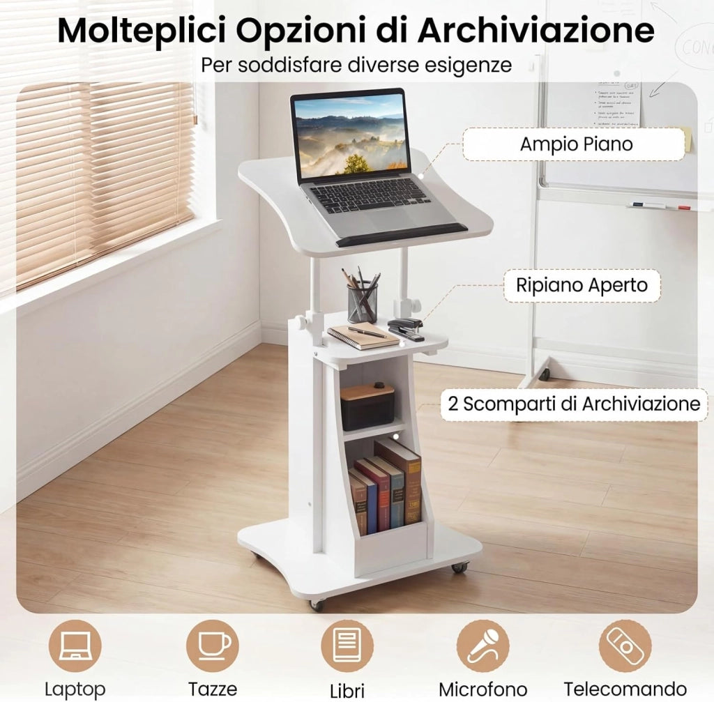 Leggio per Oratori, Podio per Conferenza con Ruote Bloccabile, Altezza Regolabile, Piano Ribaltabile e Armadietto Aperto, Leggio da Pulpito in Legno per Aula, Ufficio e Seminario (Bianco)
