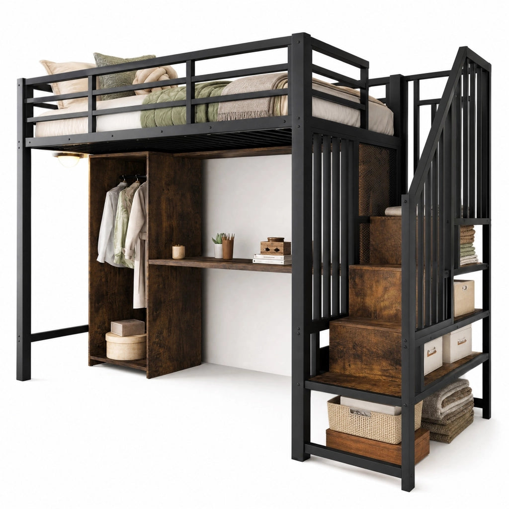 Letto a soppalco 90x200 cm con armadio e scrivania nero