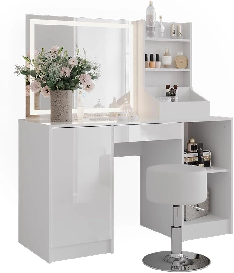 Tavolo da toeletta Sherry, Bianco/bianco lucido, 128.2 cm con specchio LED e sgabello