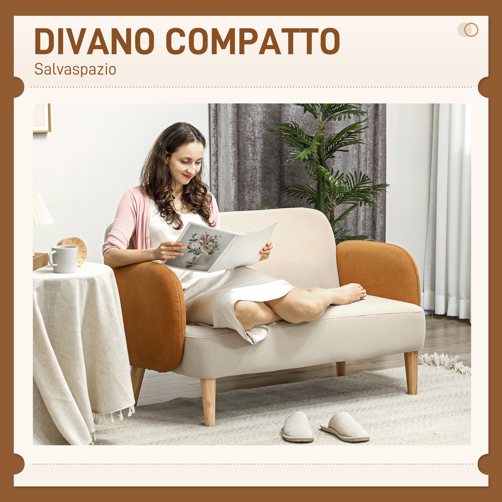 Divano 2 Posti Stile Nordico 138x73x74 cm in Tessuto Effetto Velluto e Legno Crema e Arancione