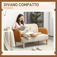 Divano 2 Posti Stile Nordico 138x73x74 cm in Tessuto Effetto Velluto e Legno Crema e Arancione