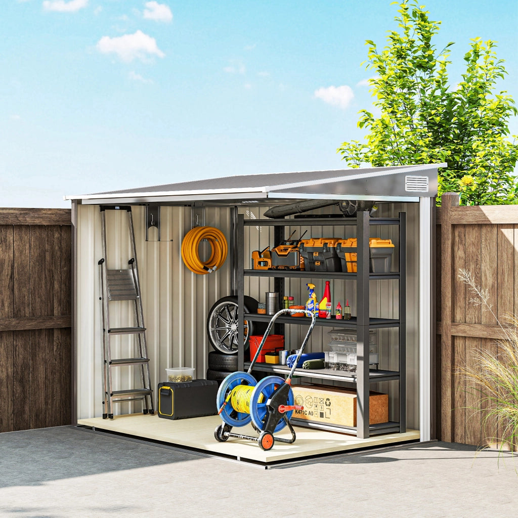 Capanno Attrezzi 1.5x2m con Base Porta Scorrevole e Tetto Inclinato in Metallo Grigio Chiaro
