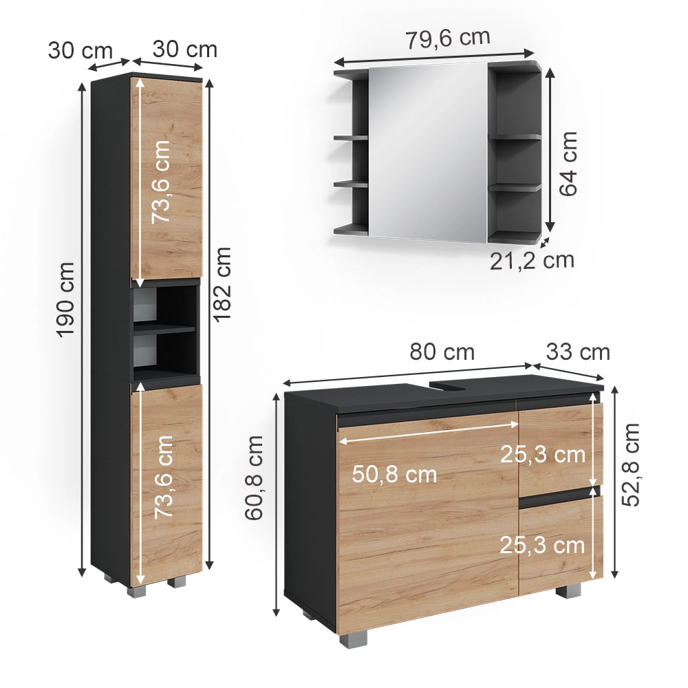 Vicco Set mobili bagno Grigio 3 parti