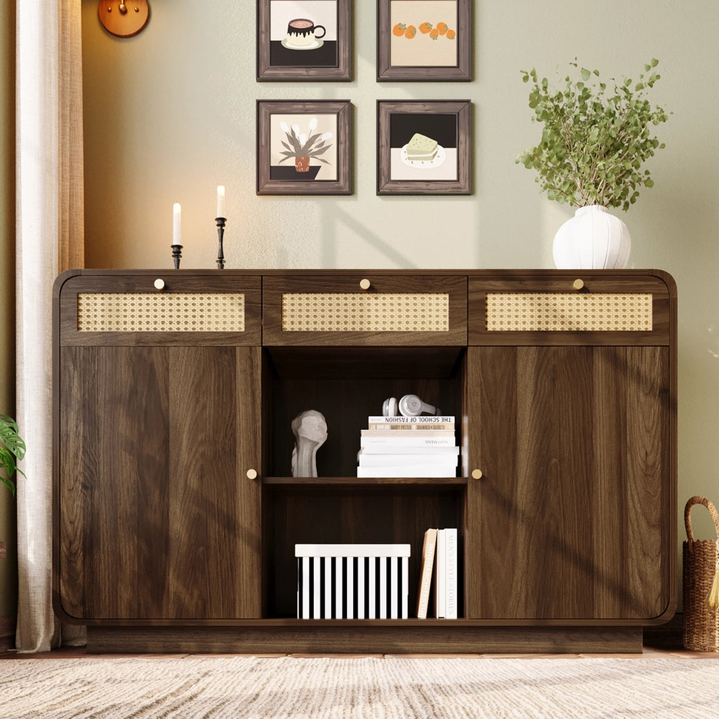 OKWISH Credenza con 3 Cassetti, 2 Ante e Ripiani Regolabili, Stile Retrò, per Soggiorno o Ingresso, 120 x 40 x 85 cm