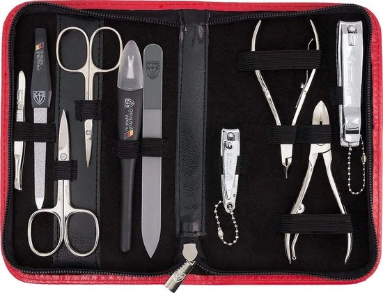 Kit di manicure 10 pezzi | Nageletui in pelle nera - forbici per unghie, uncis e pinza necessarie