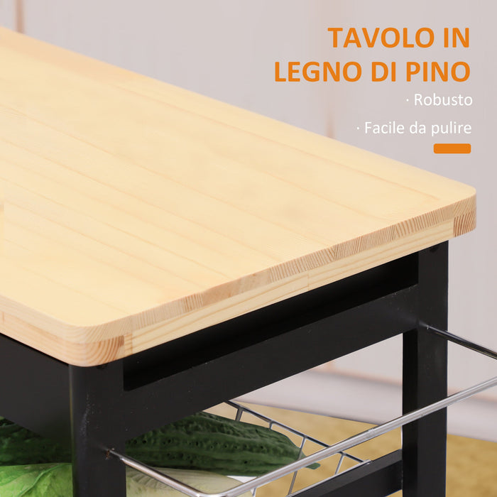 Carrello da Cucina con Cassetti e Portabottiglie Legno e Nero